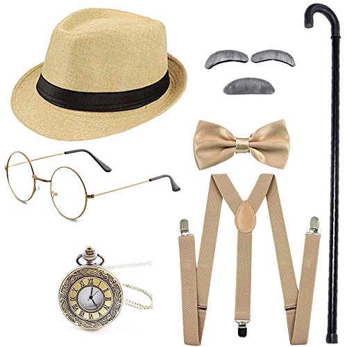 Gionforsy 20er Jahre Herren Kostüm Accessoires Set Gatsby 1920s Mafia Zubehör Set mit Hut Brille Hosenträger Fliege Taschenuhr Stock Bart für Great Gatsby Party Halloween Karneval Fasching (Beige) von Gionforsy