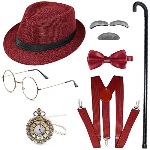 Gionforsy 20er Jahre Herren Kostüm Accessoires Set Gatsby 1920s Mafia Zubehör Set mit Hut Brille Hosenträger Fliege Taschenuhr Stock Bart für Great Gatsby Party Halloween Karneval Fasching (Weinrot) von Gionforsy