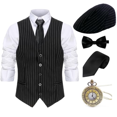 Gionforsy 20er Jahre Herren Weste Kostüm Zubehör Set mit Hut Weste Fliege Krawatte Taschenuhr Gangster Accessoires Set für Great Gatsby Mottoparty Halloween Karneval Fasching (Streifen Schwarz, XXL) von Gionforsy