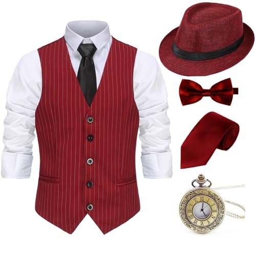 Gionforsy 20er Jahre Herren Weste Kostüm Zubehör Set mit Hut Weste Fliege Krawatte Taschenuhr Gangster Accessoires Set für Great Gatsby Mottoparty Halloween Karneval Fasching (Streifen Weinrot, XL) von Gionforsy