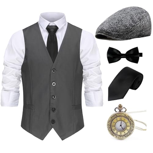 Gionforsy 20er Jahre Herren Weste Kostüm Zubehör Set mit Hut Weste Fliege Krawatte Taschenuhr Gangster Accessoires Set für Great Gatsby Party Halloween Karneval Fasching Mottoshow (Grau, S) von Gionforsy