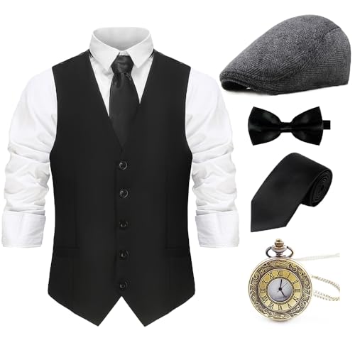 Gionforsy 20er Jahre Herren Weste Kostüm Zubehör Set mit Hut Weste Fliege Krawatte Taschenuhr Gangster Accessoires Set für Great Gatsby Party Halloween Karneval Fasching Mottoshow (Schwarz, L) von Gionforsy