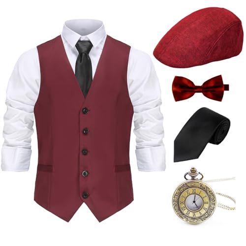 Gionforsy 20er Jahre Herren Weste Kostüm Zubehör Set mit Hut Weste Fliege Krawatte Taschenuhr Gangster Accessoires Set für Great Gatsby Party Halloween Karneval Fasching Mottoshow (Weinrot, M) von Gionforsy