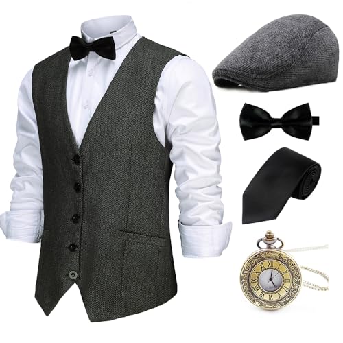 Gionforsy 20er Jahre Herren Wollartige Weste Kostüm Zubehör Set mit Hut Weste Fliege Krawatte Taschenuhr Gangster Accessoires Set für Great Gatsby Motto Party Halloween Karneval Fasching (Schwarz, L) von Gionforsy