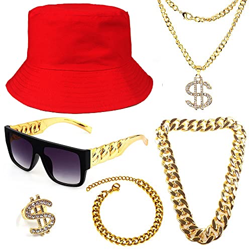 Gionforsy Hip Hop Kostüm Zubehör Set Kit 6 Stück mit Bucket Hut Sonnenbrille Goldkette Armband Ring, 80er 90er Jahre Rapper Accessoires Set für Mottoparty Halloween Karneval Fasching (Rot) von Gionforsy