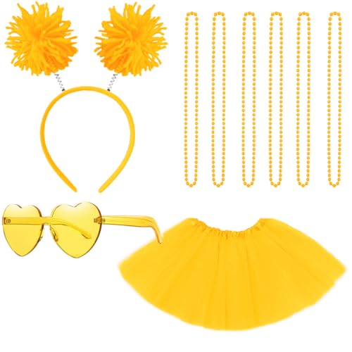 Gionforsy Tutu Rock Damen Kostüm Zubehör Set mit Pompon Stirnband Halskette Sonnenbrille Tüllrock Accessoires Set für Mottoshow Halloween Karneval Fasching Geburtstag Party (Gelb) von Gionforsy