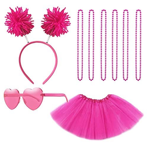 Gionforsy Tutu Rock Damen Kostüm Zubehör Set mit Pompon Stirnband Halskette Sonnenbrille Tüllrock Accessoires Set für Mottoshow Halloween Karneval Fasching Geburtstag Party (Pink) von Gionforsy