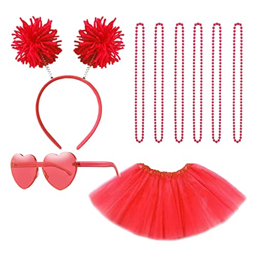 Gionforsy Tutu Rock Damen Kostüm Zubehör Set mit Pompon Stirnband Halskette Sonnenbrille Tüllrock Accessoires Set für Mottoshow Halloween Karneval Fasching Geburtstag Party (Rot) von Gionforsy