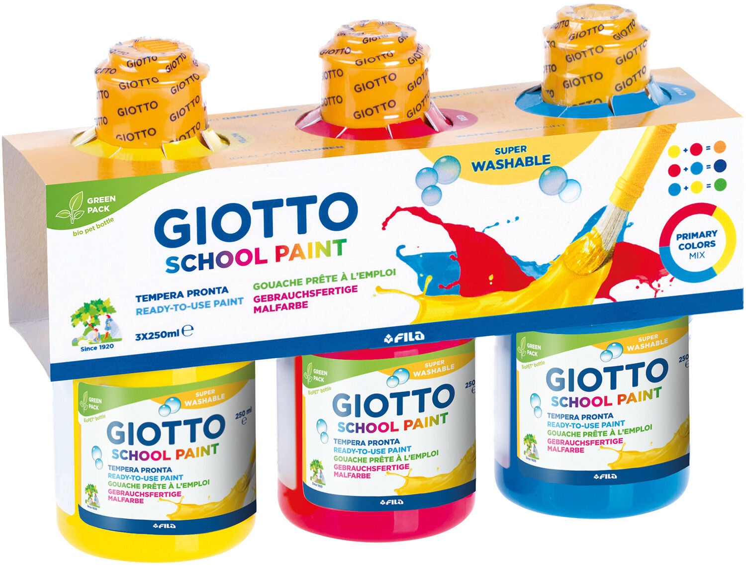 Giotto Washable Paint Farben 250 ml, Gelb/Blau/Rot von Giotto