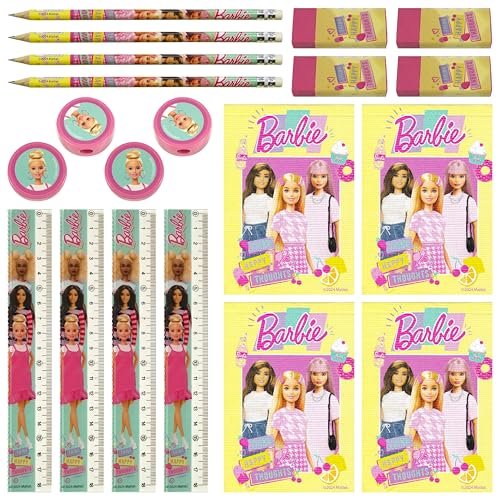 Barbie 20-teiliges Schreibwaren-Set - 4X Notizblock, 4X Bleistift HB, 4X Lineal, 4X Anspitzer, 4X Radiergummi - Offizielles Lizenzprodukt von Barbie Geschenke Schreib-Set, Schul-Set von Giovas