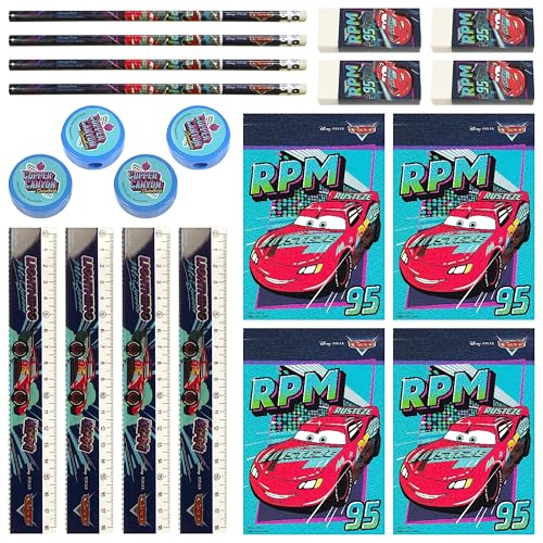 Cars 20-teiliges Schreibwaren-Set - 4X Notizblock, 4X Bleistift HB, 4X Lineal, 4X Anspitzer, 4X Radiergummi - Offizielles Lizenzprodukt von Cars Geschenke Schreib-Set, Schul-Set von Giovas