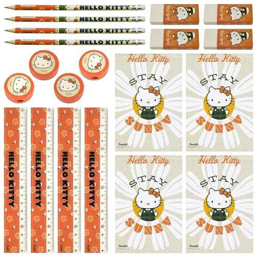 Hello Kitty 20-teiliges Schreibwaren-Set - 4X Notizblock, 4X Bleistift HB, 4X Lineal, 4X Anspitzer, 4X Radiergummi - Offizielles Lizenzprodukt von Hello Kitty Geschenke Schreib-Set, Schul-Set von Giovas