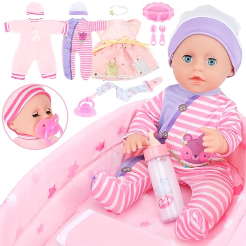 GirlDiary Baby Puppe 12 Zoll mit Zubehör Set, 3 Kleider, Stubenwagen Bett, Fütterung Playset, Baby Puppen Mädchen für 3 4 5 6 7 8 Jahr alt Kleinkind Kinder, Baby Puppe Spielzeug mit Kleidung 00310 von GirlDiary