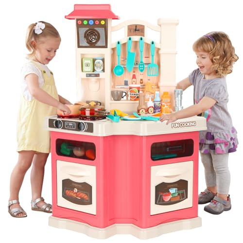 Kinderküche Spielküche mit 44 PCS Zubehör, Pretend Spiel Lebensmittel Spielzeug, Spielküche mit Wasserfunktion, Kochen Herd mit Dampf, Innen/Außen Rosa Küche für Kinder Mädchen Alter 3 4 5 6 7 8 von GirlDiary