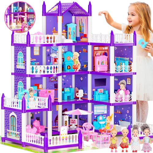 Puppenhäuser für Mädchen, 4-stöckiges Spielhaus und 11 Zimmer mit 4 Puppen und Zubehör für Möbel und Blinklichter, Puppenhaus Prinzessin Geschenk für 3 4 5 6 7 8 Jahre (Violett) von GirlDiary