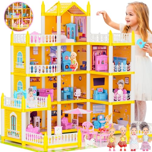 Puppenhäuser für Mädchen, Spielhaus 4-Story 11 Zimmer mit 4 Puppen & Möbel Zubehör & Blinkende Lichter, Prinzessin Puppenhaus Spielzeug Kleinkind Geburtstagsgeschenk für 3 4 5 6 7 8 Jahre alt von GirlDiary