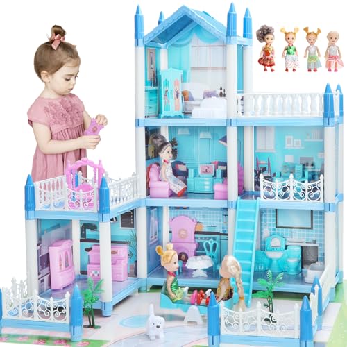 Puppenhaus für 3 4 5 6 7 8 Jahre alte Mädchen - 3-stöckiges Puppenhaus und 6 Zimmer mit 4 Puppen, leichten Möbeln und Zubehör, DIY-Geschenk des Puppenhauses für Kinder von GirlDiary