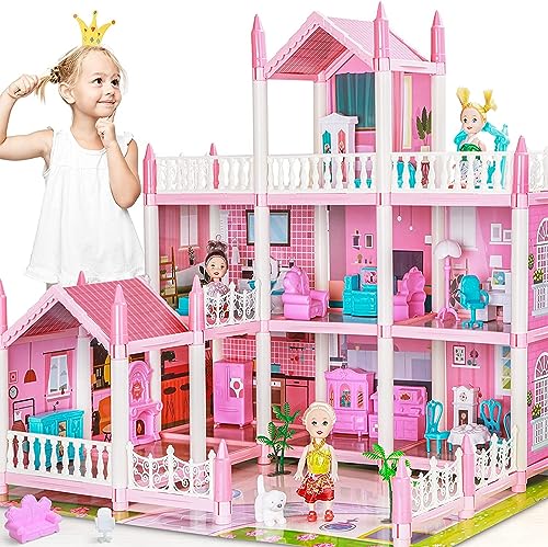 Puppenhaus für 3 4 5 6 7 8 jährige Mädchen Kinder - 4 Puppen, Spielmatte, 3-stöckiges 8 Zimmer Puppenhaus Spielhaus mit Zubehör Set, Möbliertes Pretend Spielhaus Geburtstagsgeschenke von GirlDiary