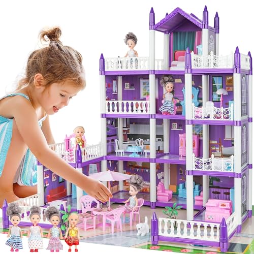 GirlDiary Puppenhaus für Mädchen, 4-5 Jahre alt Prinzessin Puppenhäuser, 4 Geschichten 14 Zimmer Kleinkind Puppenhaus mit 4 Puppen Möbel Zubehör, Spielhaus Spielzeug Geschenk für Kinder Alter 3+ von GirlDiary