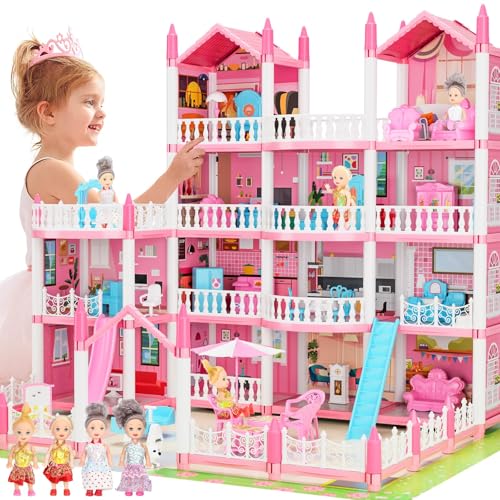 Rosa Puppenhäuser für Mädchen, 4-stöckiges Spielhaus und 15 Zimmer Mit 4 Puppen Und Zubehör Für Möbel Und Blinkende Lichter, Puppenhaus Prinzessin Geschenk Für 3 4 5 6 7 8 Jahre von GirlDiary