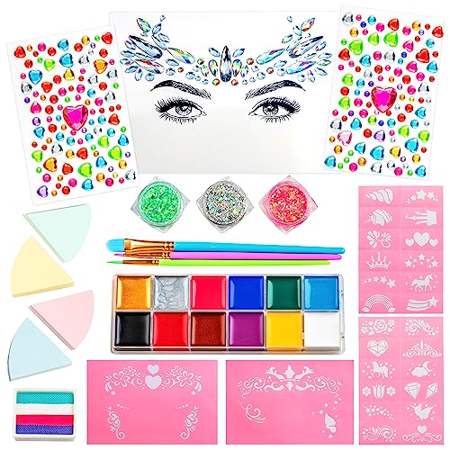 GirlZone Einhorn und Juwelen Schmink Farb-Set, Schminke für Kinder, Pinsel, Glitzersteine, Schablonen, Halbgesicht Schmuck in 1 Kinder-Gesichtsfarbe Set von GirlZone