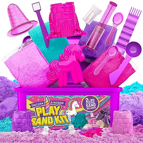 GirlZone Geschenke für Mädchen Unicorn Kingdom Sand Kit, Sensorischer Spielsand Set mit Farben, Spielwerkzeugen, Zugaben und Tragetasche als Aufbewahrungsbox, Tolle Geschenkidee für Kinder von GirlZone