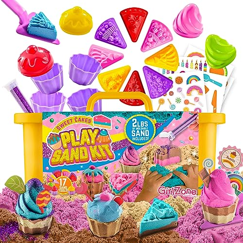 GirlZone Sweet Cakes Play Sand Kit, Spiel Sand für Kinder Sandkasten Set mit 900g Knetbaren Farbigen Sand & 17 Sandwerkzeuge, Sand Spielzeug für Kleinkinder Alter 3-5 von GirlZone