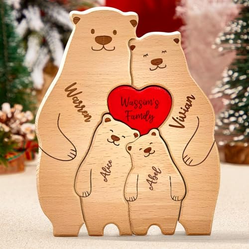 Personalisiertes Holzkunstpuzzle der Bärenfamilie mit Namen| Holz Bär Skulpturen Desktop Ornament Home Tischdekoration, Geschenk für Familie, Muttervatertag Geburtstag von Girlove