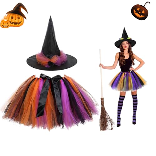 GisWell S Größe Hexenkostüm Halloween Kostüm, Lila-Schwarz Hexenkostüm mit Tüllrock und Hexenhut, Fasching Karneval Kostüm,Hexenkleid Tutu Rock von GisWell