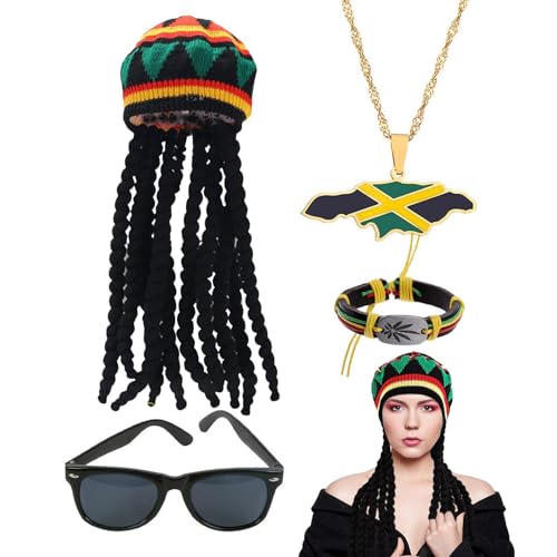 Rasta Perückenhut | Retro-Perückenhut im Juneteenth | tragbares Dreadlock-Hut-Set mit Halskette, Sonnenbrille für Partys von Gitekain