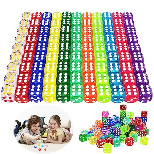 Giugio Würfel, 100 Stück Farben Würfel Set, 12mm Transparent Würfel Set, Bunte Würfel, Würfelspiele Tischspiele, Polyedrisch Würfel Set für Kinder Erwachsener Party Zuhause Partyspiel Zubehör von Giugio