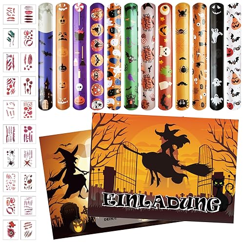 12 Stück Halloween Einladungskarten, Halloween Partyzubehör 12 Stück Schnapparmband Kinder und 20 Tattoos Aufkleber, Kürbis Hexe Einladungen für eine schaurig schöne Halloween-Party Themenparty 12 Stück Halloween Einladungskarten, Halloween Partyzubehör 12 Stück Schnapparmband Kinder und 20 Tattoos Aufkleber, Kürbis Hexe Einladungen für eine schaurig schöne Halloween-Party Themenparty von Giugio