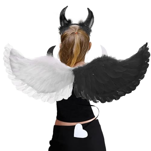 Giugio 3 Stück Engelsflügel Weiß Schwarz Teufelsohren Teufel Ohren Haarband Engel Flügel, Engel Kostüm Damen mit Teufel Ohren und Zauberstab, Halloween Kostüme Karneval Party Cosplay Verkleidung (C) von Giugio