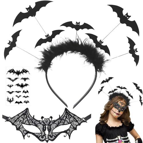 Giugio Halloween Haarreif Kopfschmuck, 3 PCS Haarreifen Haarreifen Haarreif, Fledermausmaske und Fledermaus Tattoo Aufkleber, Halloween Haarschmuck Accessoires Fledermaus Karneval Fasching Accessoire von Giugio