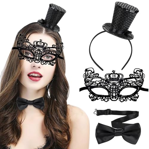 3 Stück Mini Top Hut Haarreif Set, Schwarz Zylinder Hut Haarreif mit Schwarz Fliege, Spitzenmaske, Mini Top Glitzerhut, Karneval Haarschmuck, Kostüm Party Hut für Karneval, Abschlussball, Helloween von Giugio