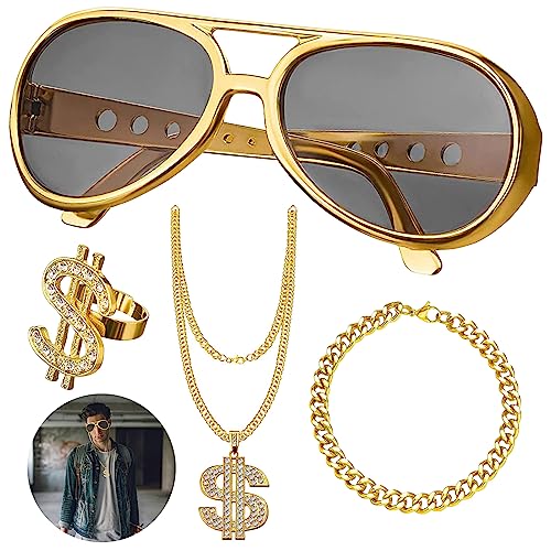 Giugio 4 Stück Zuhälter Kostüm, 80er 90er Jahre Outfit Herren Hip Hop Kostüm, Dollar Kette Dollarzeichen Ring Rockstar Brille Rapper Set, Für Karneval Fasching Mottoparty Accessoires von Giugio