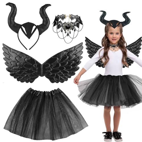 4 Stück Königin Hörner Kostüm Set, Hörner Kopfschmuck mit schwarzen Engelsflügeln und Tutu Kleid Gothic Retro Kette, Halloween Damen Kostüm für Karneval Fasching Kostümparty Rollenspiele Cosplay Party von Giugio