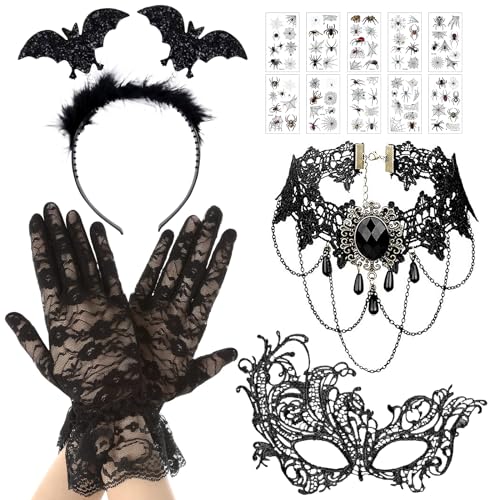 5 Stück Halloween Steampunk Damen Zubehör, Gothic Schwarze Spitze Handschuhe Halskette Augenmaske Haarband mit 10 Tattoo-Aufkleber, Gothic Kostüm Zubehör für Fasching KostüM Hochzeit Maskerade Party von Giugio