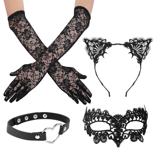 5 Stück Katzenkostüm Damen Fasching, Faschingskostüm Frauen Accessoires, Katzenohren Haarreif Spitze, Haarband mit Katzenohren und Spitze für Karneval Valentinstag Kostüm Festival Maskerade Party von Giugio