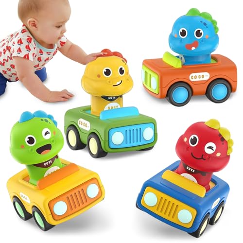 Auto Spielzeug, Baby Spielzeug 3 Jahr, 4 Stück Spielzeugauto Baby-Tier-Rennwagen, Press-and-Go Spielfahrzeug Set, Dinosaurier Baby Cartoon Aufziehautos, für Kinderspielzeug Geschenk Junge Geburtstag von Giugio