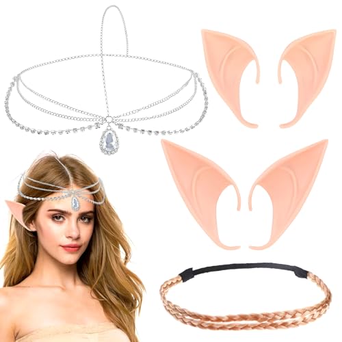 Elfenohren Set, 2 Paar Halloween Elfen Ohren, Pixie Ears Soft Pointed Fairy Ears Haarband und Kristall Prinzessin Krone Stirnband, Elfen Ohren für Cosplay Karneval Party Fasching Kostüm Zubehör von Giugio