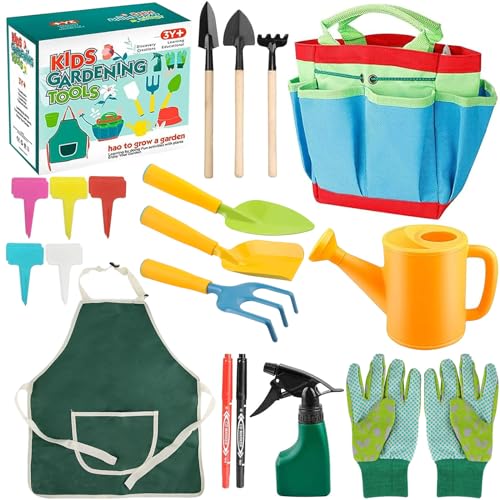 Gartenwerkzeug für Kinder, 23 Stück Gartengeräte Set, Kinder Gartenhandschuhe, Kinderspielzeug mit Gießkanne Schaufel Rechen Spaten Schürze, Kinderschürze, Gartenspielzeug für Kinder Junge Mädchen von Giugio