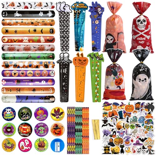 Giugio 110 Stück Halloween Schreibwaren Sets für Kinder, Bleistifte, Bleistiftspitzer, Lineal, Schnapparmband Kinder, Temporäre Tattoos, für Halloween Süßes oder Saures, Party Geschenk-Set von Giugio