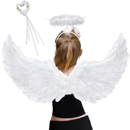 Giugio 3 Stück Engelsflügel Weiß, Engel Kostüm Damen 60CM mit Heiligenschein und Zauberstab, Engel Kostüm, Engel Flügel Weiß Kostüm Kinder Party Karneval Fasching Halloween Deko von Giugio