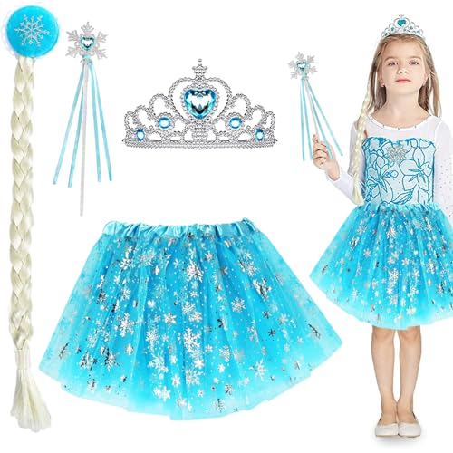 Giugio 4tlg Prinzessin Kleid Mädchen, Schneeflocke Kostüm Kleid Weihnachten Set, Schneeflocken Tutu Tüllrock, Krone, Zauberstab, Zopf für Fasching Karneval Weihnachten Winterparty Rollenspiele von Giugio