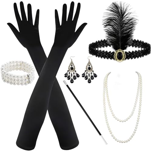 Giugio 6 Teiliges 20er Jahre Accessoires, 1920 Zubehör Set, 1920er Accessoires Damen, Great Gatsby Accessoires Damen mit Stirnband Handschuhen Perlenkette Ohrringen Handheld-Requisiten für Halloween von Giugio