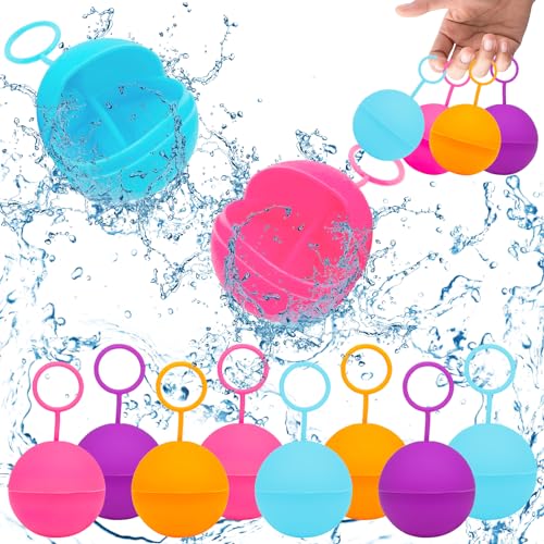 Wiederverwendbare Wasserballons, 8 Stück Wiederverwendbare Wasserbomben Selbstschließend mit Zugring, Eine Sekunde Schnellfüller Wasserbomben Set, Outdoor, Wasserspielzeug Pool, Familienspiel von Giugio