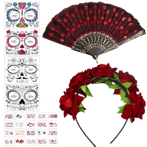 Giugio Damen Halloween Haarschmuck Rose Stirnband, Tag der Toten Stirnband mit Handheld Folding Fan Temporäre Tattoos Sticker und temporäre Gesicht Tattoos, Halloween Frauen Cosplay Party Haarschmuck von Giugio