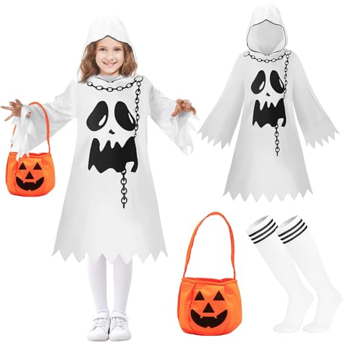 Giugio Geister Gespenst Kostüm Kinder, 130cm Weiß Faschingskostüm für Kinder mit Kürbis, Halloween Geist Geister umhang Kinder kostüm, Karneval Cosplay schauriges Kostüm für Jungen und Mädchen von Giugio