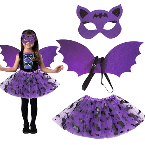 Giugio Halloween Fledermaus Kostüm Kinder, Lila Halloween Maske Set Mädchen mit Flügel Tutu Fledermaus Kleid, Fledermaus Hexen Teufel Kinderkostüm für Karneval Mottoparty Halloween Cosplay Party von Giugio